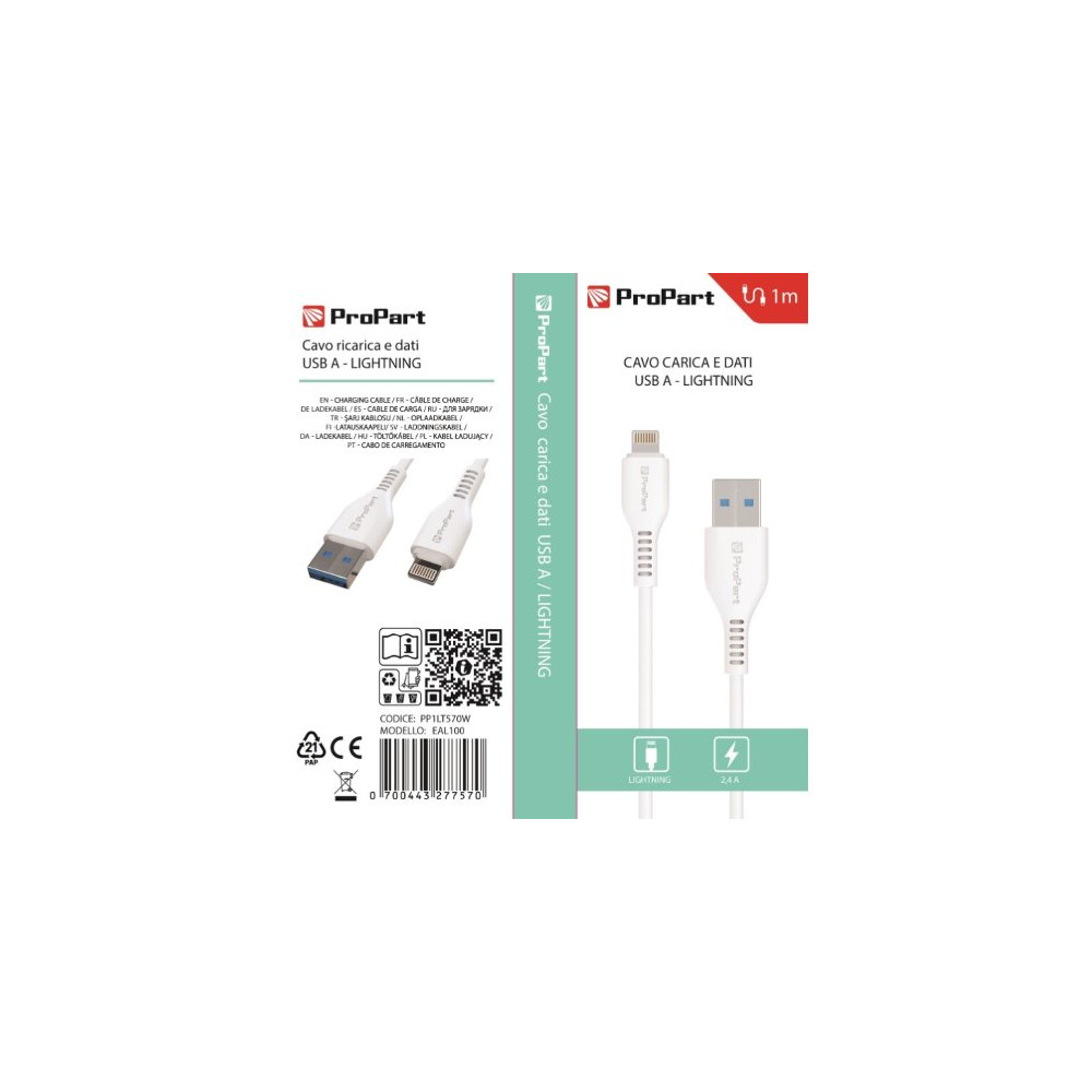 ProPart Cavo Lightning Apple 5V 2.4A 1mt Carica e dati Bianco