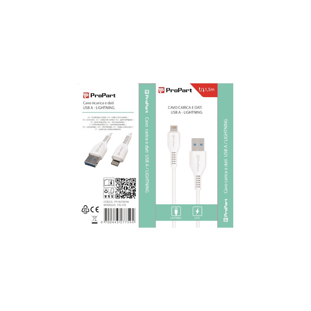 ProPart Cavo Lightning Apple 5V 2.4A 1.5mt Carica e dati Bianco