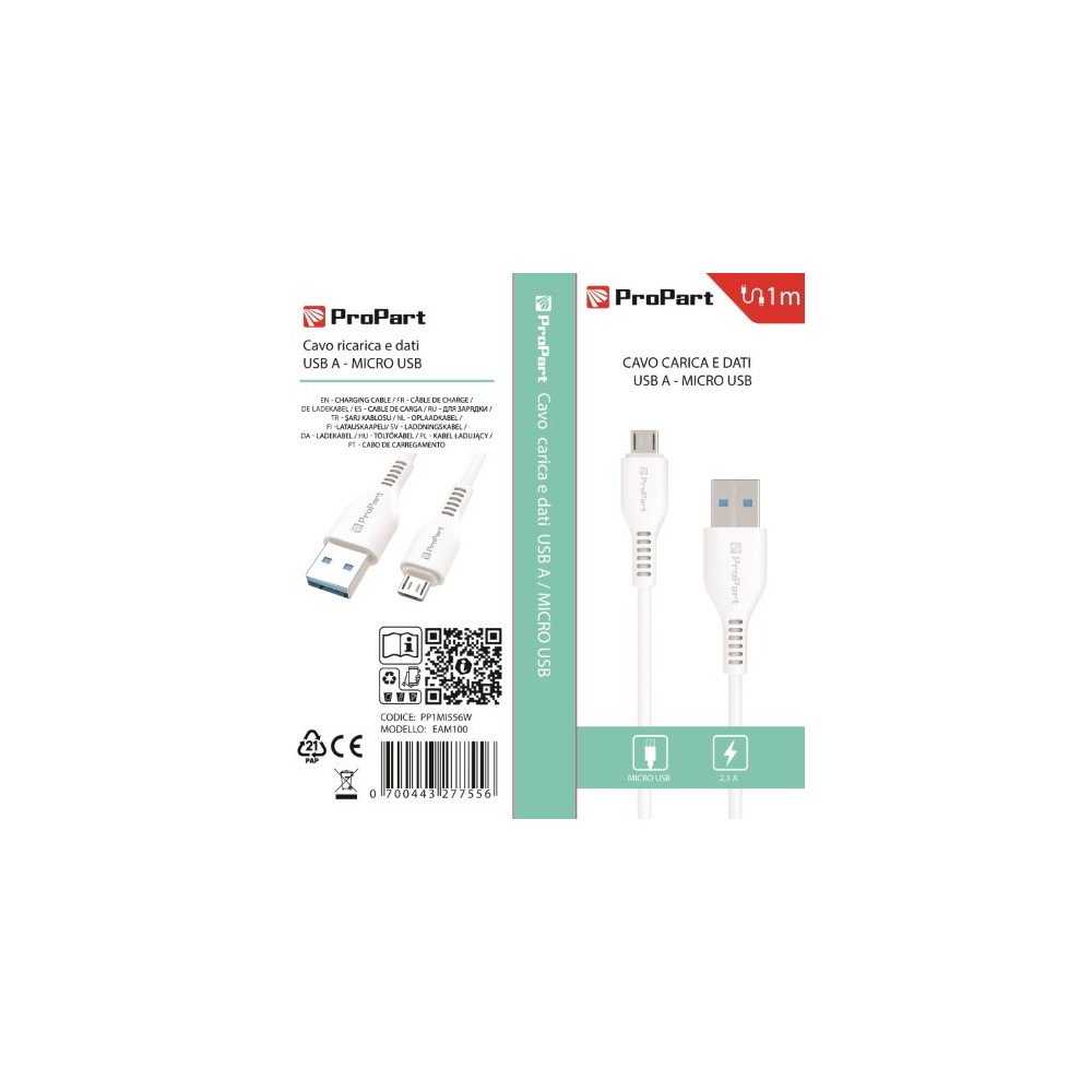 ProPart Cavo Carica e Dati Micro Usb 2.1 A. Lunghezza 1 metro Bianco