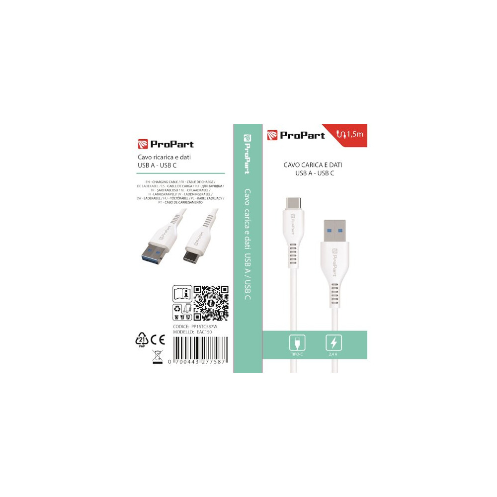 ProPart Cavo Carica e Dati Tipo-C 2.4 A. Lunghezza 1.5 metri Bianco