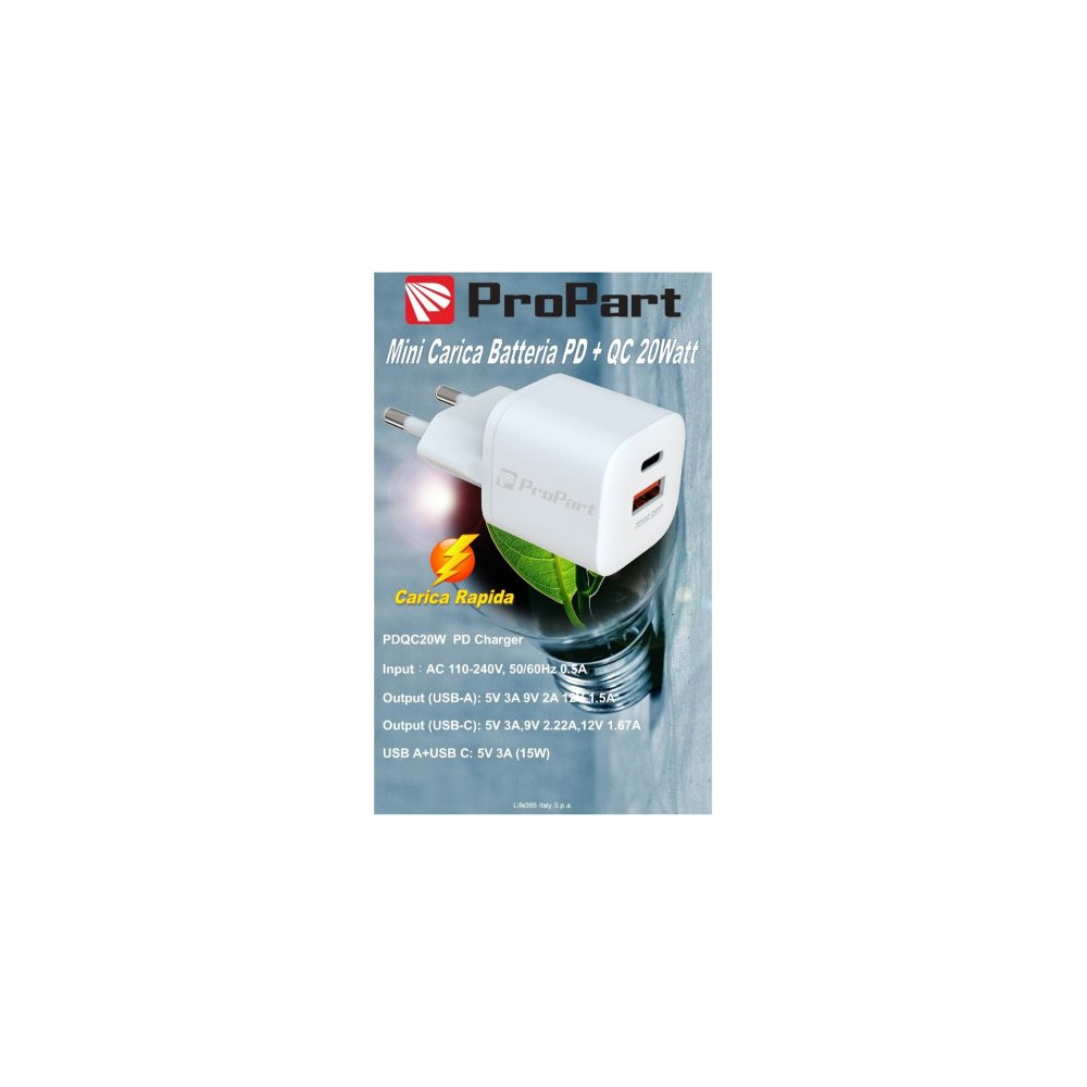 ProPart Carica Batteria Rapido Mini PD + QC 20W 2 Uscite Tipo-C - A