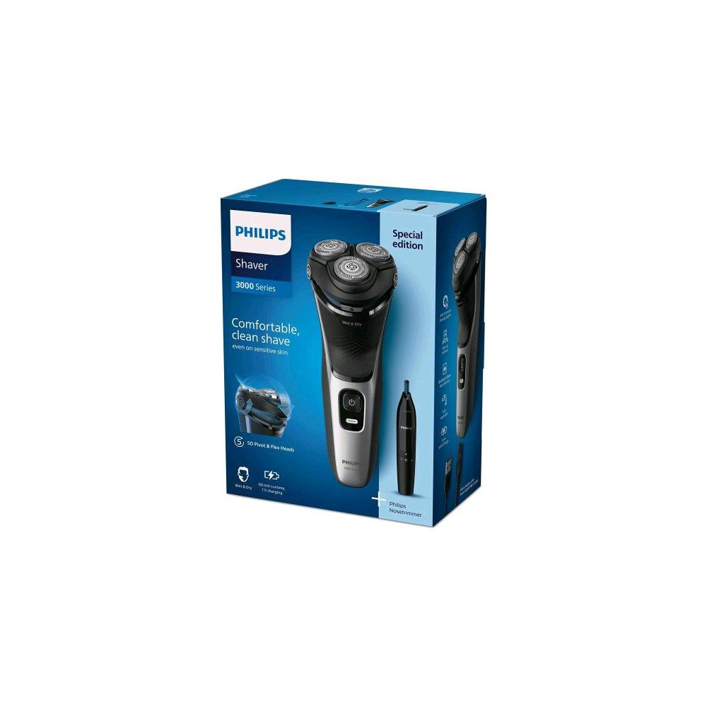PHILIPS S3143/02 RASOIO ELETTRICO RICARICABILE WET E DRY 3 TESTINE CON RIFINITORE BUNDLE NERO ARGENTO
