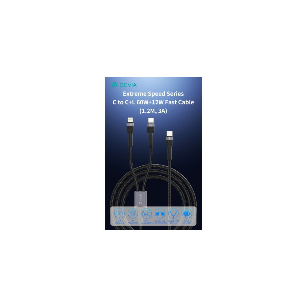 Devia Cavo Carica rapida da C a C+L 60W+12W 1,2 Metri 3 Amper