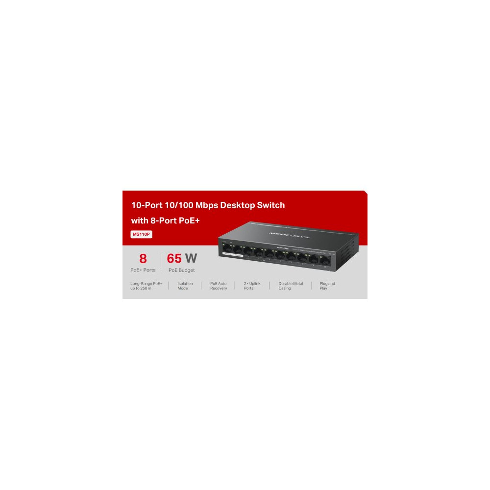 Switch Desktop 10 porte 10/100 PoE+ - Mercusys MS110P