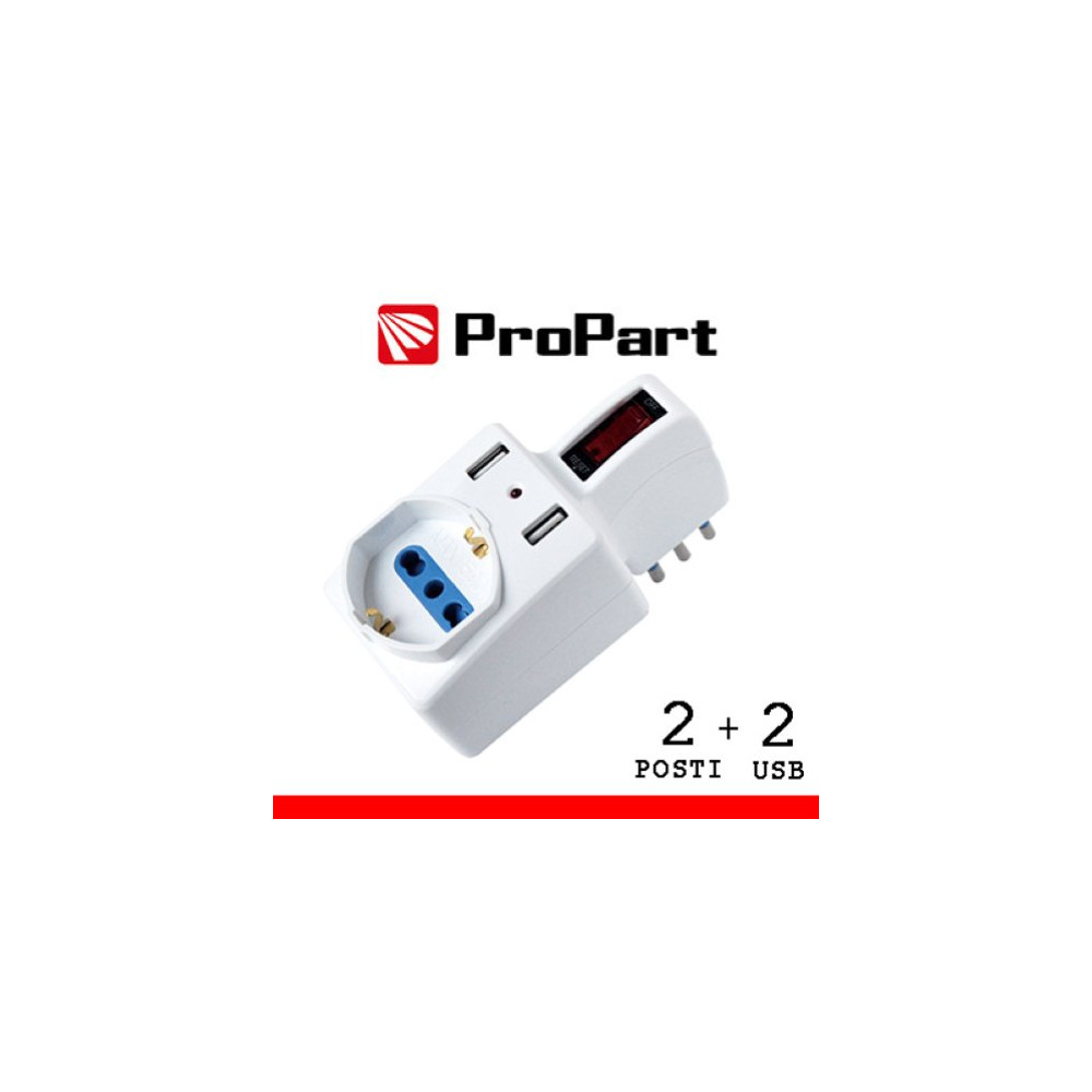 ProPart Adattatore 2pos bipasso/schuko +USB spina10A salvasp. + int.