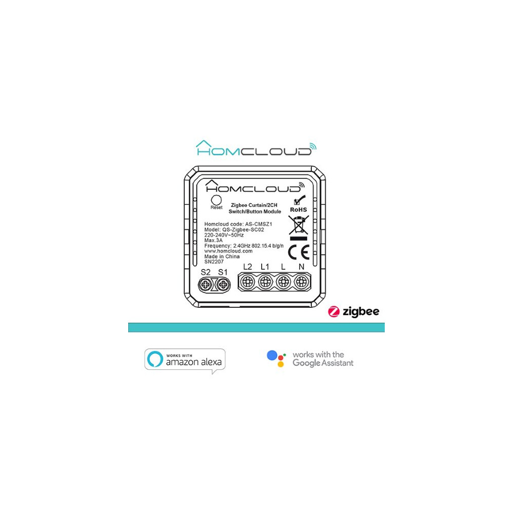 Homcloud Modulo Ibrido Tapparelle o Pulsante Luci 2CH Zigbee da incas