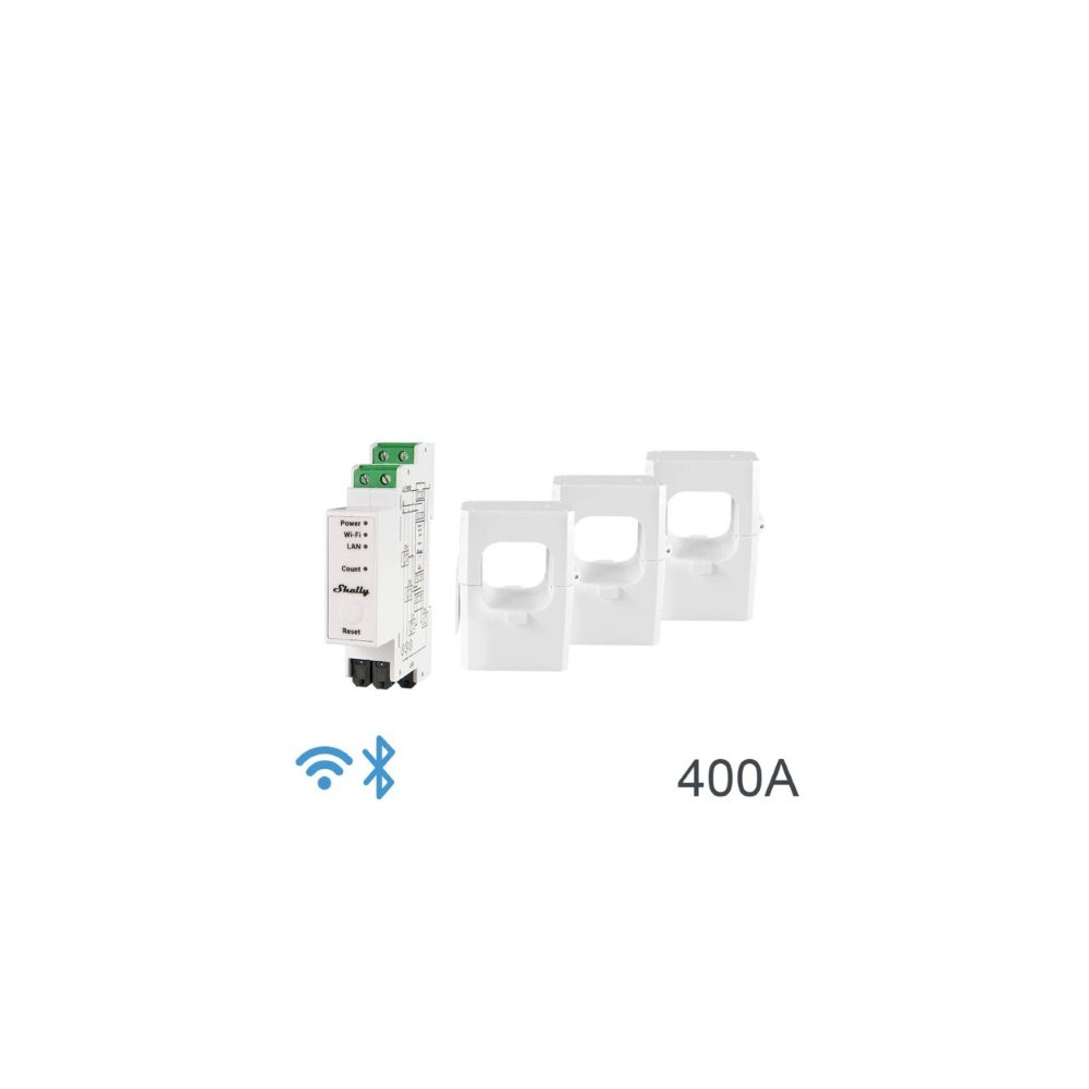 Shelly Pro 3EM 400A - Contatore Energia DIN + 3 pinze 400A