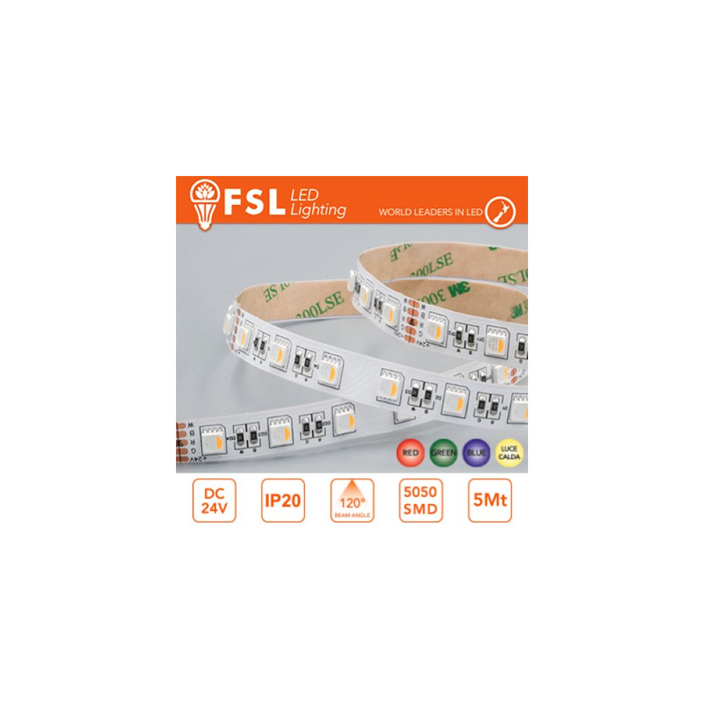 RGB + W 3000K Striscia LED 5m IP20 5050 24V - 14W/m 60led/m RGB+W 3000K
