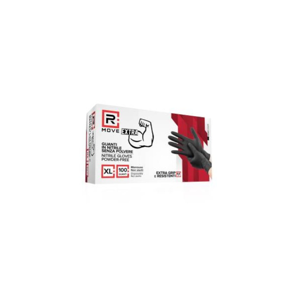 RMove 1Conf. da 100pz Tg.XL 8.5gr da Lavoro - Guanti Nitrile Nero Senza Polvere Full Grip