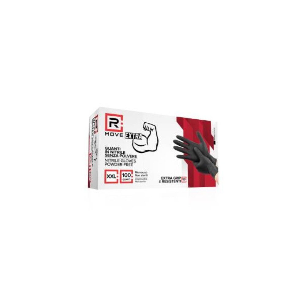 RMove 1Conf. da 100pz Tg.XXL 8.5gr da Lavoro - Guanti Nitrile Nero Senza Polvere Full Grip