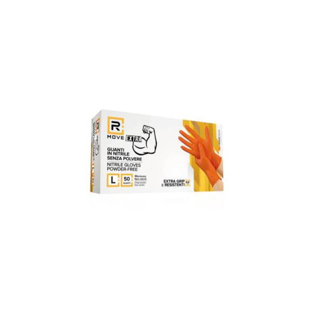 RMove 1Conf. da 50pz Tg.L 8.5gr da Lavoro - Guanti Nitrile Arancione Senza Polvere Full Grip