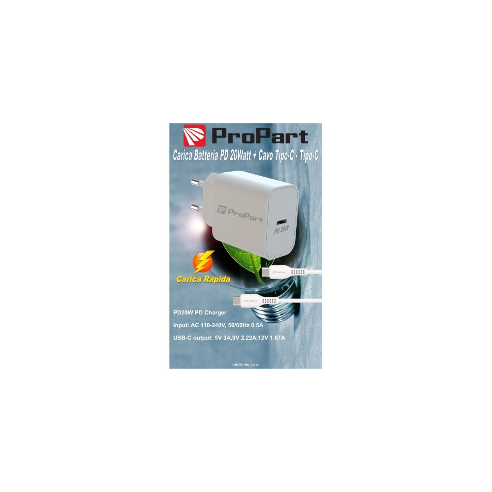 ProPart Carica Batterie + Cavo Type-C a Type-C 1.5M Rapid 20W PD