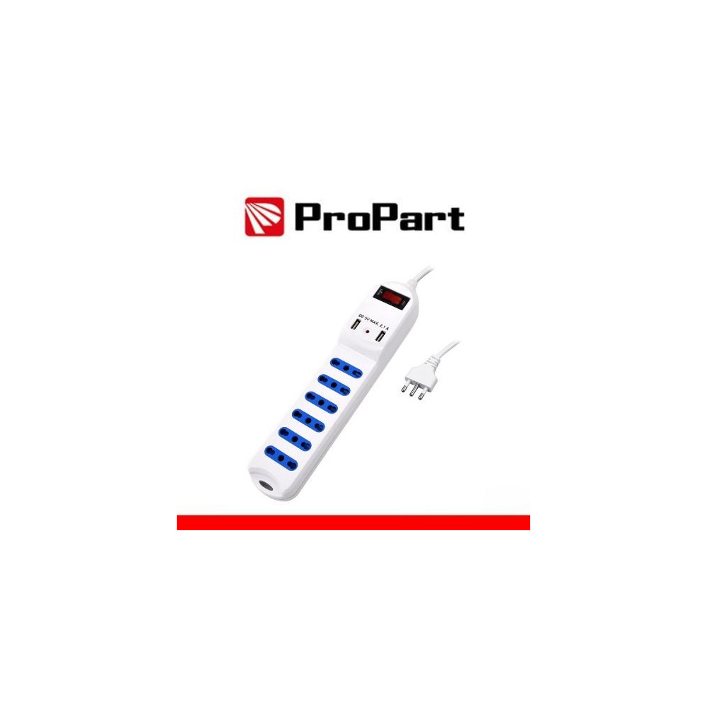 PROPART MULTIPRESA 6 POSTI 10/16A BIPASSO 2P+T + 2 PRESE USB 2.1A RICARICA RAPIDA + INT