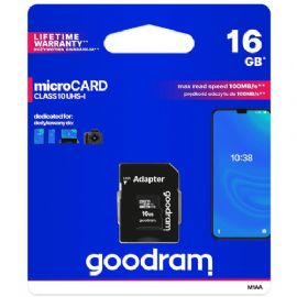 GOODRAM MICROSD 16GB CARD CLASS 10 UHS I + ADAPTER - RETAIL BLISTER